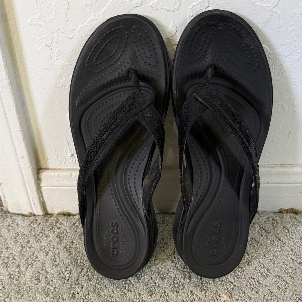 CROCS Black Women's Comfort Flip Flops with sequins.